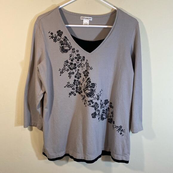 Rebecca Malone V Neck Gray Graphic top Size M - Picture 1 of 8